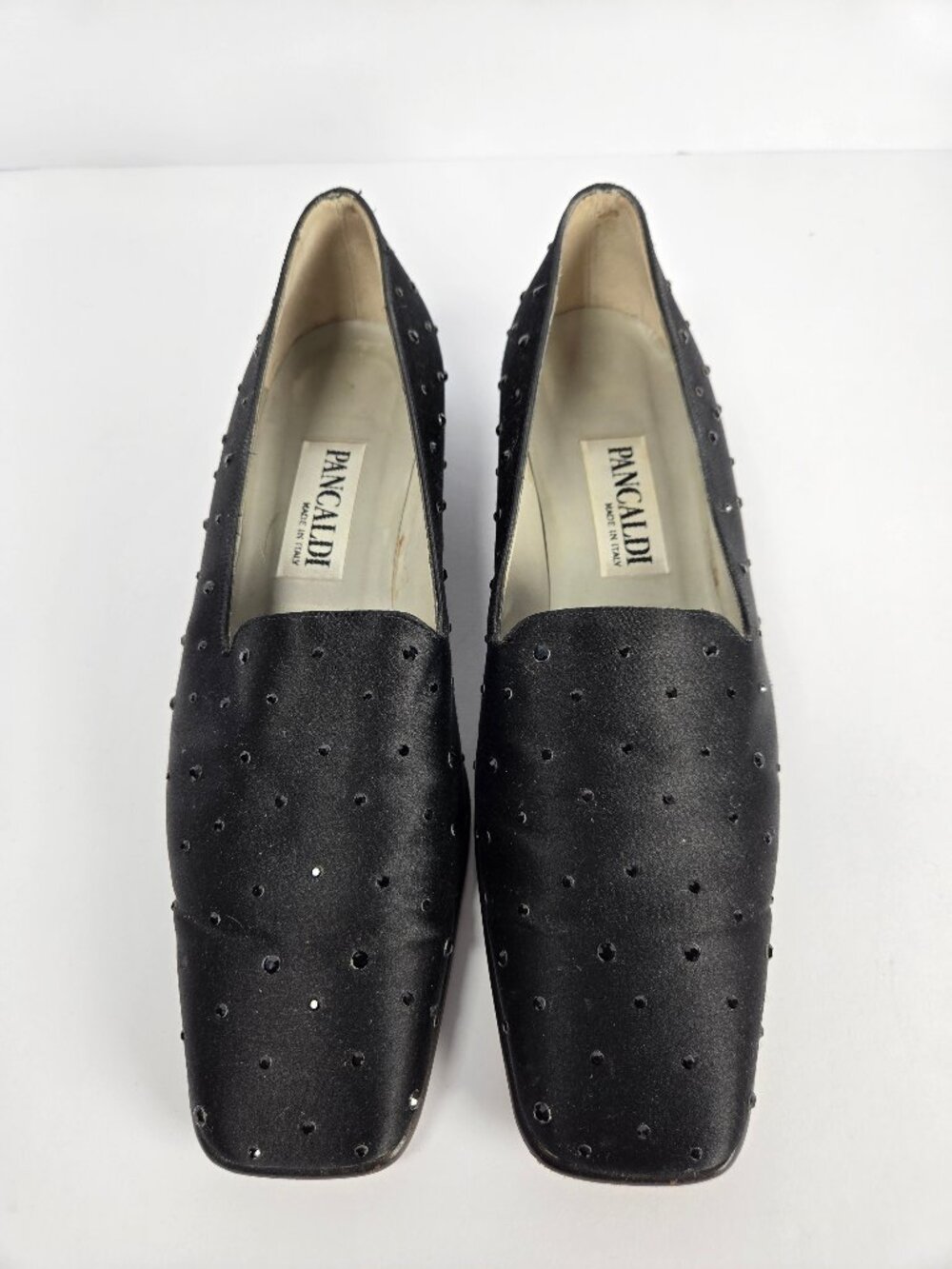 Vintage Pancaldi Black Satin Rhinestone Loafers Made in Italy Square Toe